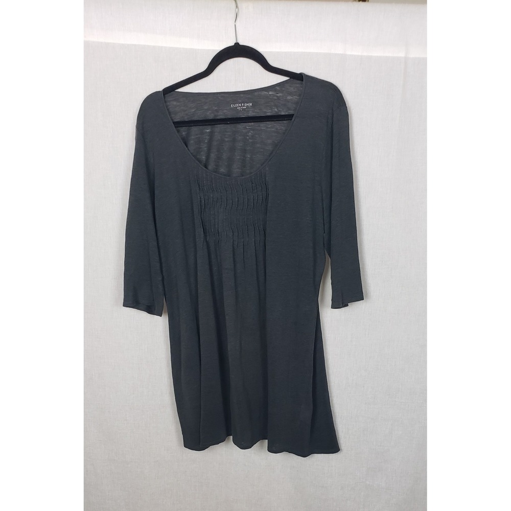 Eileen Fisher Gray 100% Linen Pintuck Pleat 3/4 Sleeve L Tunic Top Sustainable